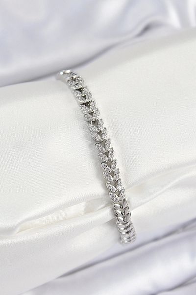 NETWORK ART Bfs Brass Zircon Stone Row Leaf Model Silver Color Women's Bracelet