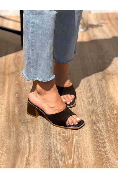 SİBA SHOES Nerra Genuine Suede Leather Black Heeled Slippers