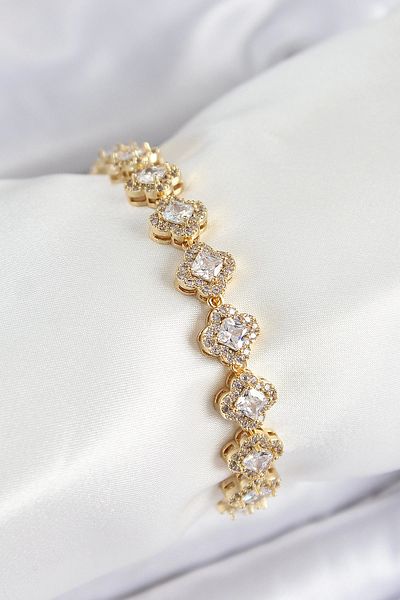 NETWORK ART Bfs Brass Zircon Stone Clover Baguette Model Gold Color Vip Series Women's Bracelet
