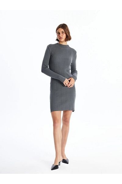 LC Waikiki Blais Gray Stand Collar Plain Long Sleeve Women's Knitwear Dress