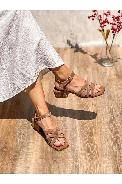 SİBA SHOES Aven Genuine Suede Leather Ankle Strap Camel Heeled Shoes