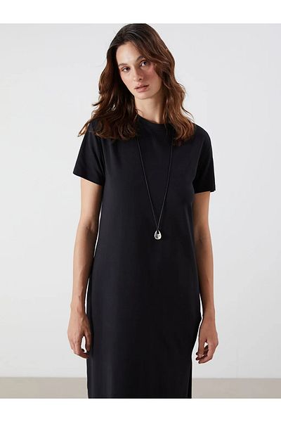 LC Waikiki Lcw Vision Black Crew Neck Slit Dress