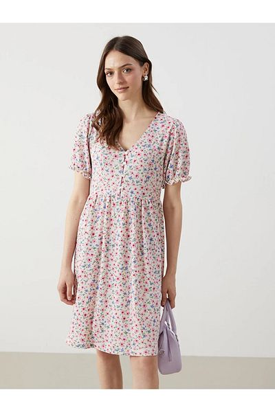 LC Waikiki Lcw comfort pink v-neck floral women's dress