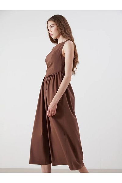 LC Waikiki Xside Brown Crew Neck Gathered Waist Dress