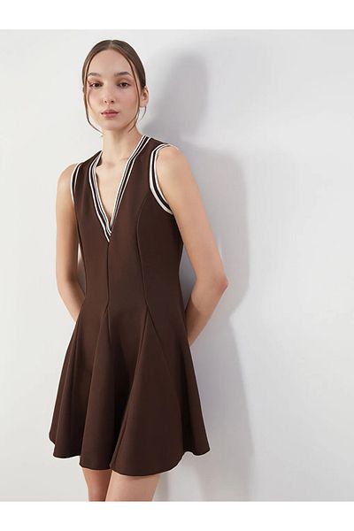 LC Waikiki Lcw Vision Brown V-Neck Flared Mini Dress