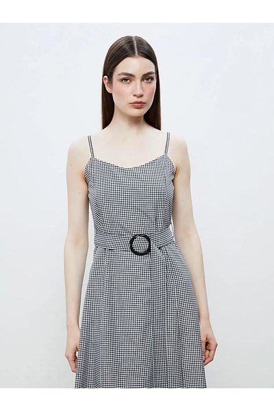 LC Waikiki Soulife Black Heart Collar Plaid Strap A-Line Dress