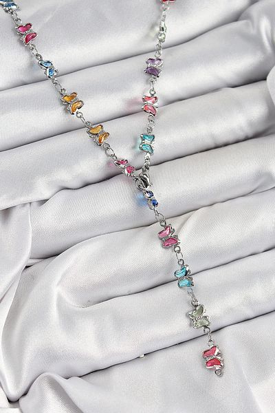 Clariss Bfs Brass Colored Zircon Stone Butterfly Model Silver Color Women's Y Necklace