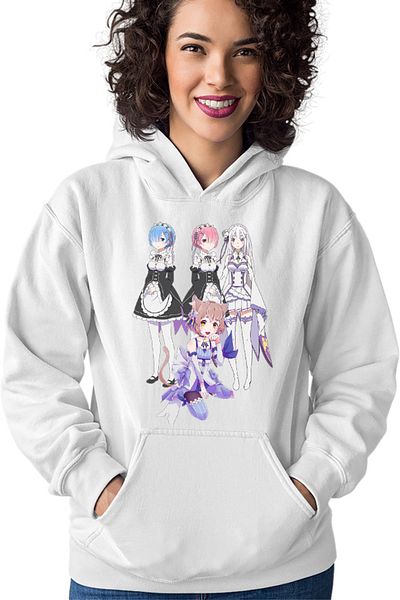OEM Women's Hoodie Re zero REM RAM Emilia Felix Cat Waifu Yandere Doki Doki