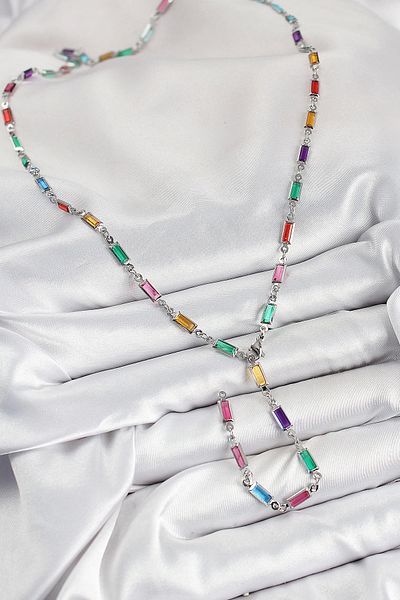 NETWORK ART Bfs Brass Colored Zircon Stone Rectangular Model Silver Color Women's Y Necklace