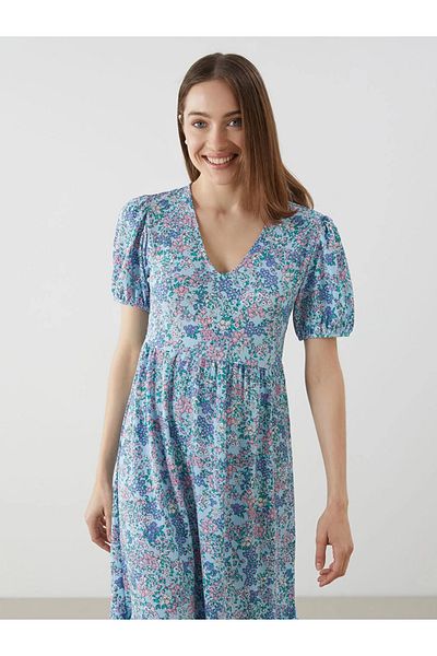 LC Waikiki Lcw Comfort Turquoise V Neck Floral Women's Dress