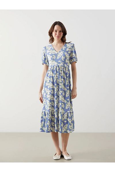 LC Waikiki Lcw Comfort Blue V-Neck Floral Women's Dress