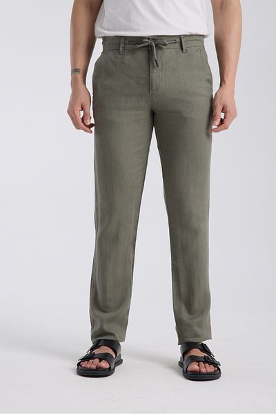 muzzo jeans Khaki 100% Linen Trousers with Elastic Waist