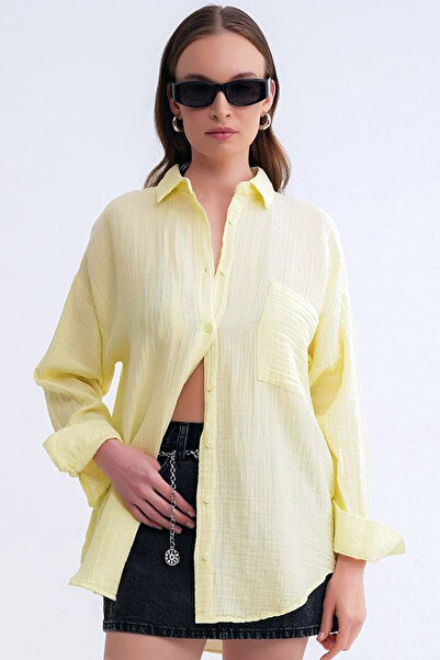 CoolLook Pamuklu Gömlek Yaka Göğüs Cepli Rahat Kalıp Oversize Günlük Uzun Kol...
