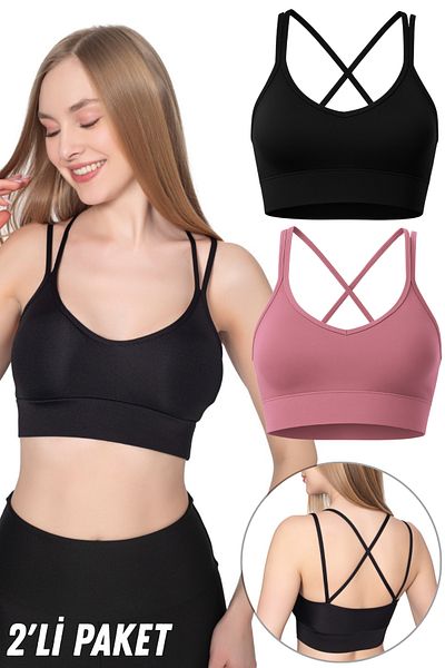 Fivora Slim Strap Back Cross Double Strap Sports Crop Bustier with Pads – Lifting Support 2 Pack-1