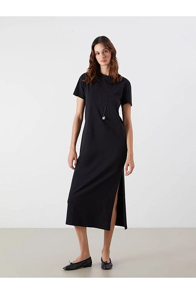 LC Waikiki Lcw Vision Black Crew Neck Slit Dress