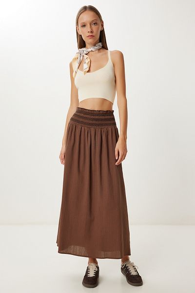 Lovelyİstanbul Contrast Belt Detailed Linen Skirt Lmc0067 Brown