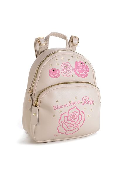 OEM Mini Backpack with Artificial Leather, Baby Pink, Rose Print