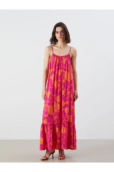 LC Waikiki Lcw Vision Pink U-Neck Floral Strap Gathered A-Line Dress