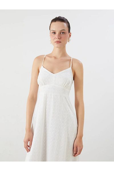 LC Waikiki Lcw Vision Ecru Openwork Strap Waist Brode Dress