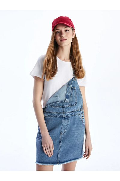 LC Waikiki Xside Blue Square Collar Women's Jean Salopet Dress