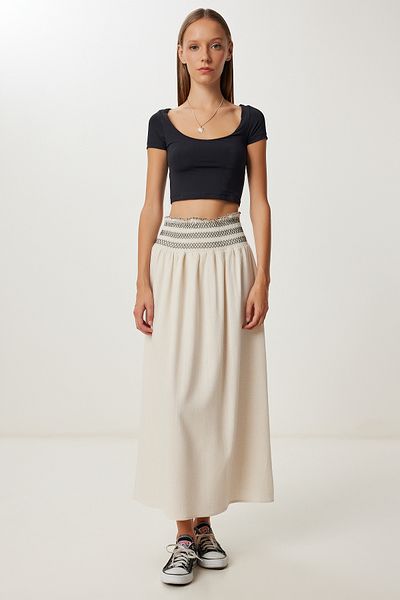 Lovelyİstanbul Contrast Belt Detailed Linen Skirt Lmc0067 Cream