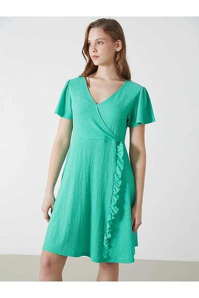 LC Waikiki Lcw Comfort Green Double Breasted Collar Textured Women's Dress