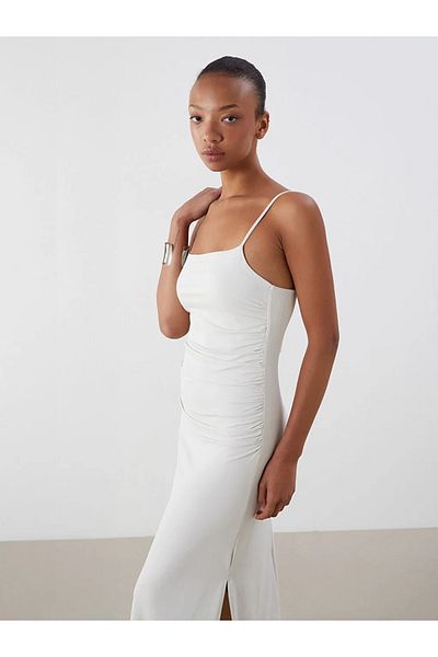 LC Waikiki Lcw Vision Beige Square Neck Strap Gathered Dress
