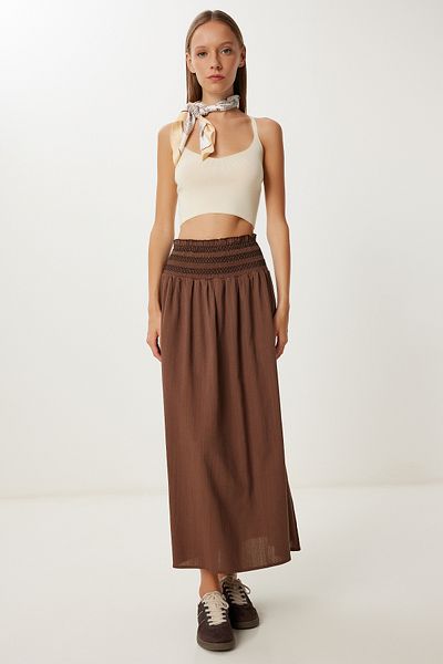 Lovelyİstanbul Contrast Belt Detailed Linen Skirt Lmc0067 Brown