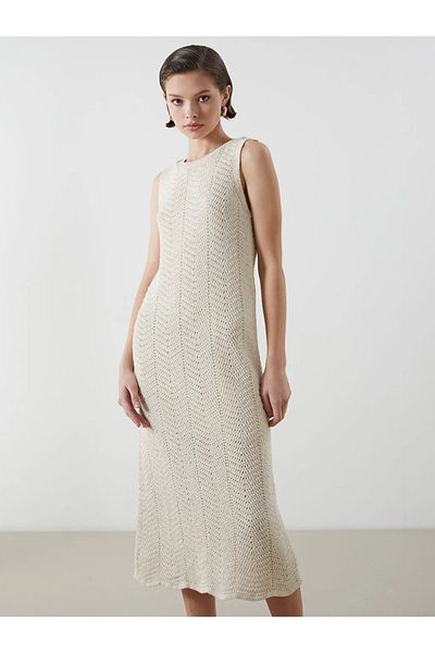 LC Waikiki Lcwaikiki Classic Ecru Crew Neck Openwork Women's Knitwear Dress