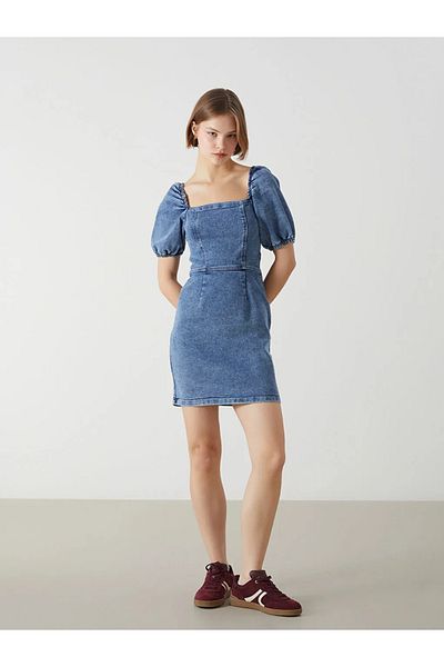 LC Waikiki Xside Blue Square Collar Women's Jean Dress