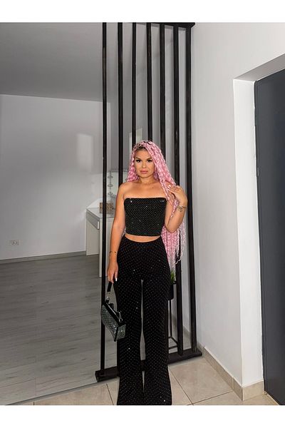 by SLA boutique Diamond flared pants with rhinestones