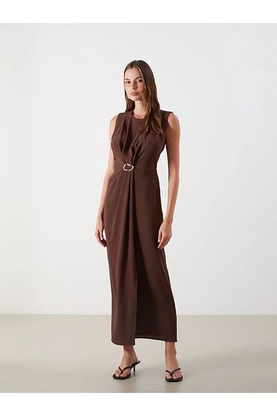 LC Waikiki Lcw Vision Brown Crew Neck Gathered Crepe Dress