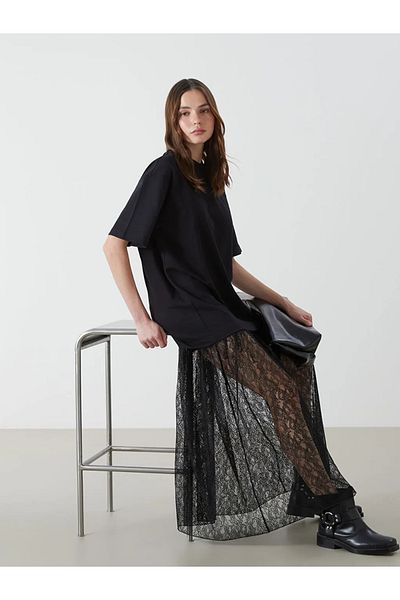 LC Waikiki Lcw Vision Black Crew Neck Lace Detail Women's Dress