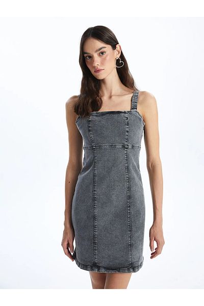 LC Waikiki Xside anthracite square neck strap mini jean dress