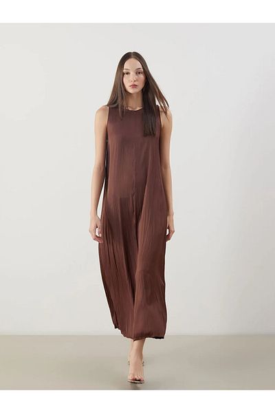 LC Waikiki Lcw Vision Brown Crew Neck Satin Dress