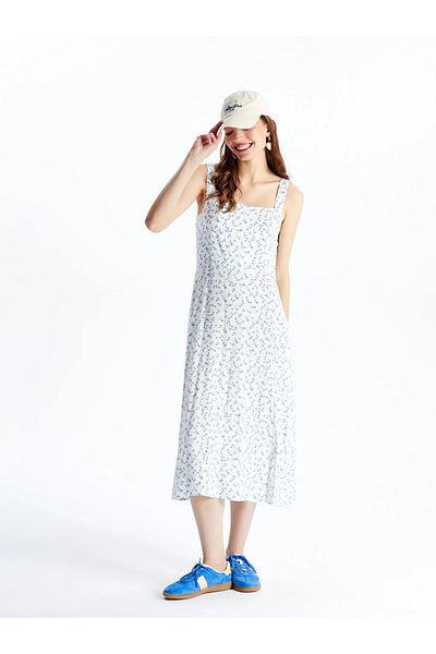 LC Waikiki Xside Blue Square Neck Floral Women's Dress