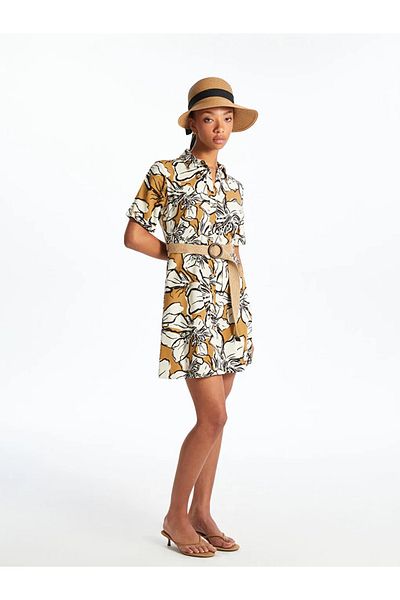 LC Waikiki Lcw Vision Beige Floral Linen Blend Shirt Dress