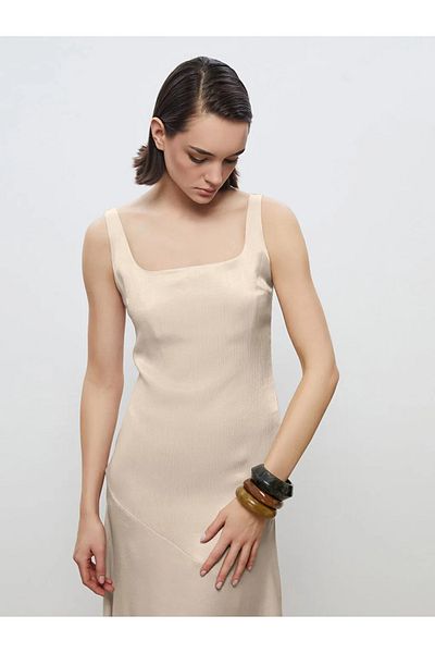 LC Waikiki Soulife Ecru Square Neck Satin Evening Dress