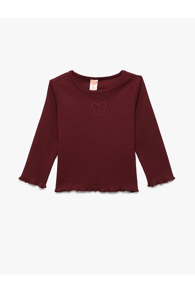 Koton Cotton Long Sleeve Camisole Heart Embroidered Crew Neck T-Shirt