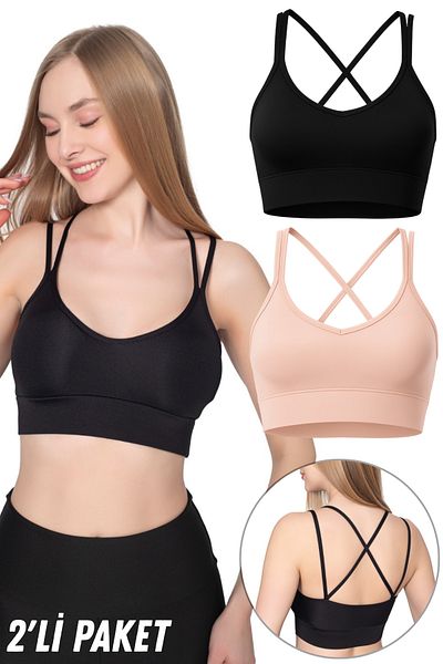 Fivora Slim Strap Back Cross Double Strap Sports Crop Bustier with Pads – Lifting Support 2 Pack-3