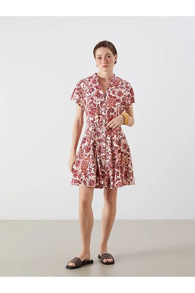 LC Waikiki Lcw Vision Orange  Collar Floral Pleated Dress
