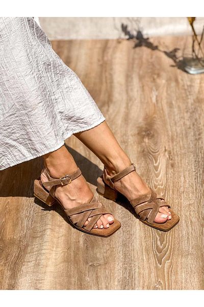 SİBA SHOES Aven Genuine Suede Leather Ankle Strap Camel Heeled Shoes