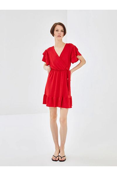 LC Waikiki Blais Red Double Breasted Collar Plain Short Sleeve Women's Dress