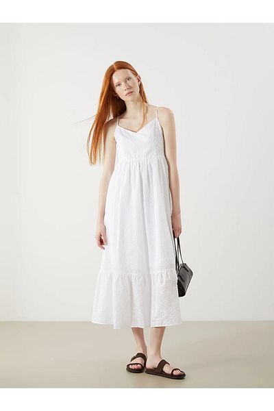 LC Waikiki Xside White V-Neck Embroidered Strap Brode Dress