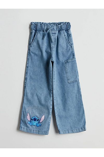 LC Waikiki Lcw Kids Blue Elastic Waist Stone Stitch Printed Girl's Jean Trousers