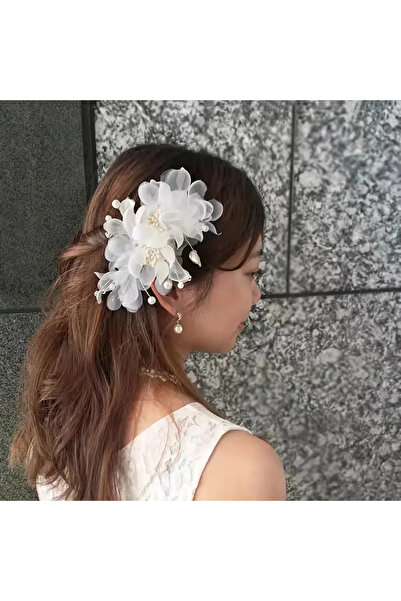 Eva Flore Fashion Handmade White Organza, Bun Barrette with Pearl, Bridal Wedding Hair Accessory