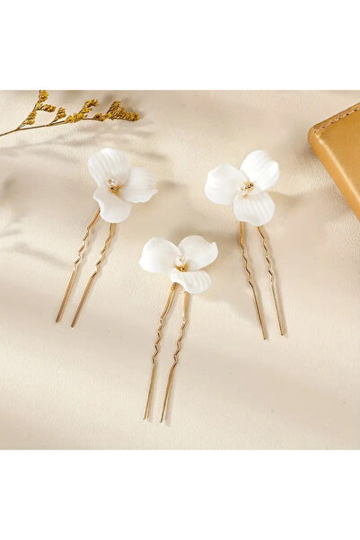 Eva Flore White Ceramic Flower Comb Barrette and 3 Bun Barrettes, Hair Accessory for Brides