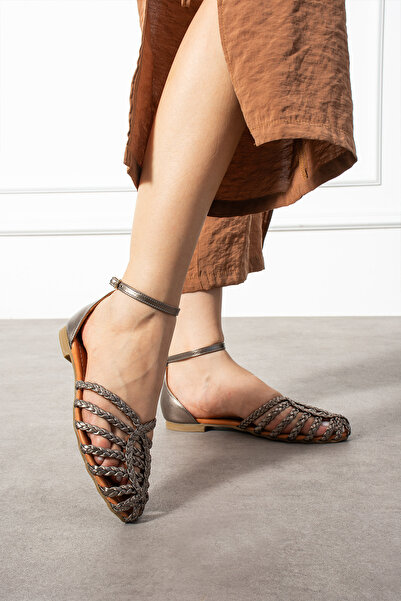 CUCA Genuine Leather Knitted Detail Ankle Strap Elastic Daily Women's Sandals