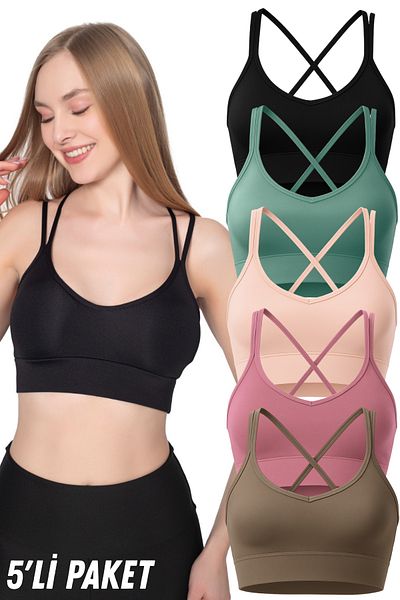 Fivora Slim Strap Back Cross Double Strap Sports Crop Bustier with Pads – Lifting Support 5 Pack-6