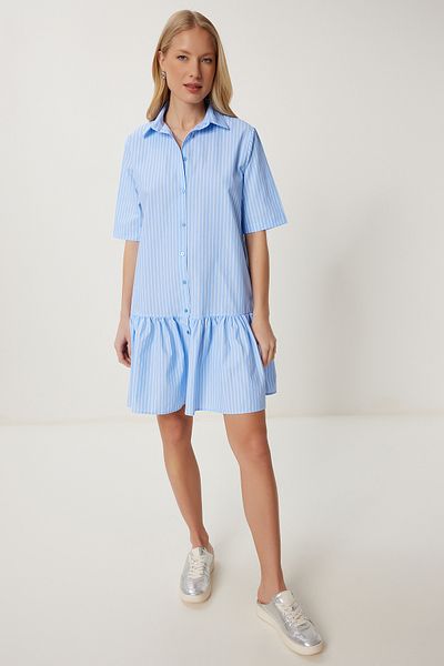 Lovelyİstanbul Striped Flounced Shirt Dress Lfg0040 Blue White